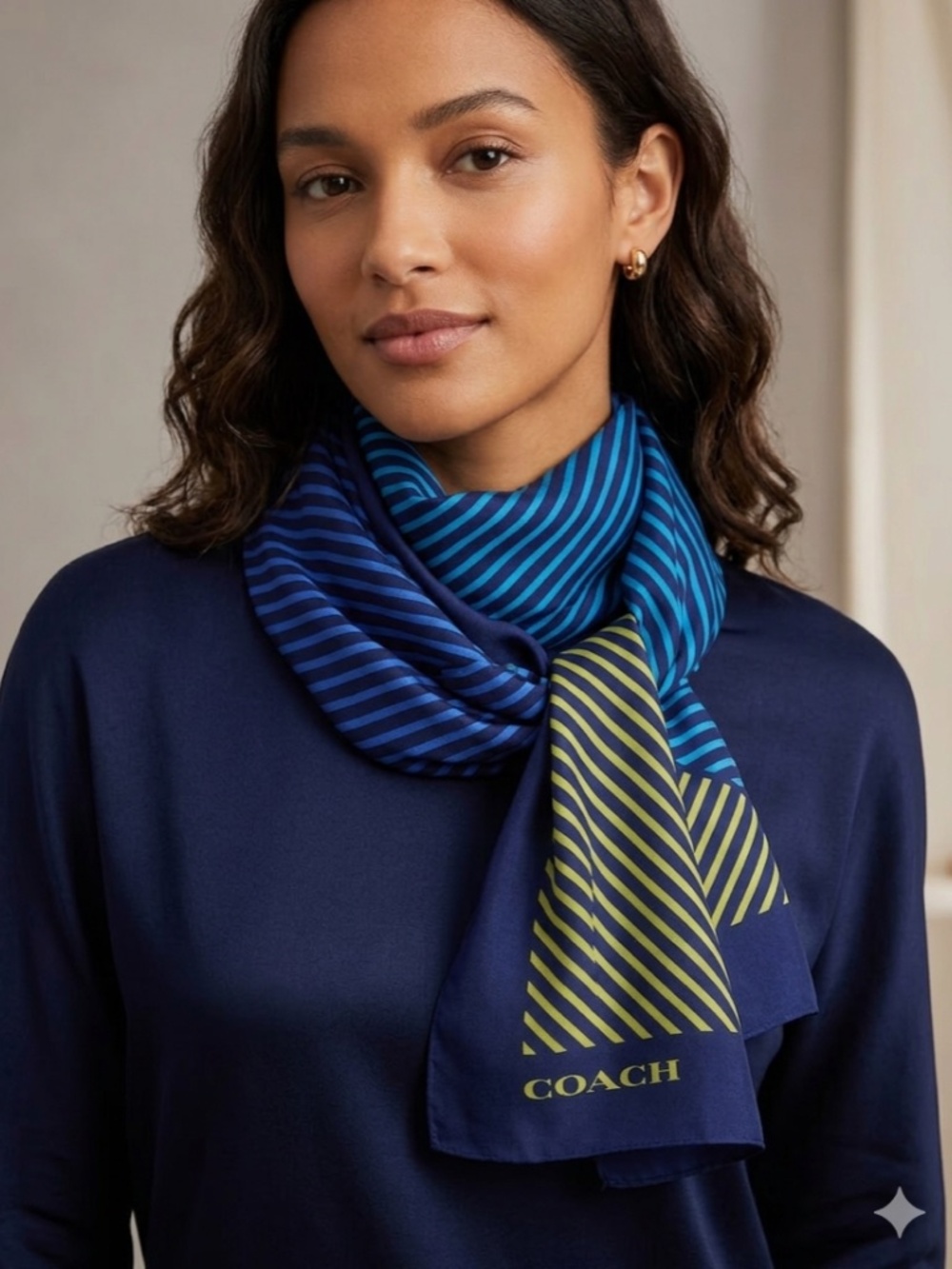COACH Blue Striped Silk Lightweight oversized scarf / wrap